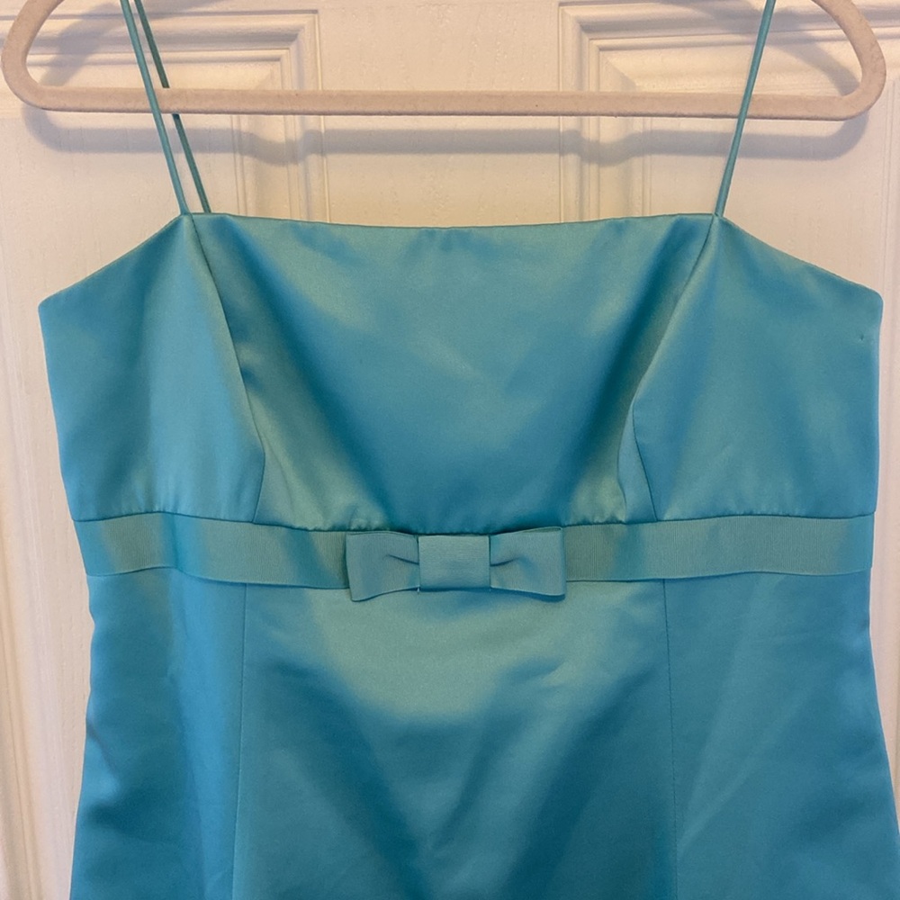 David's Bridal Turquoise Satin Spaghetti-Strap Midi Dress with Waist Bow
